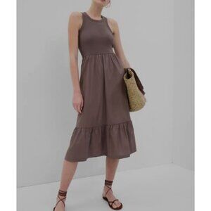 Gap Mixed Media Midi smocked tiered Dress Brown Size M - 47365